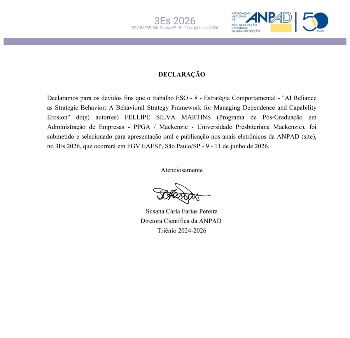 Declaração da ANPAD do artigo apresentado no 3Es 2026
