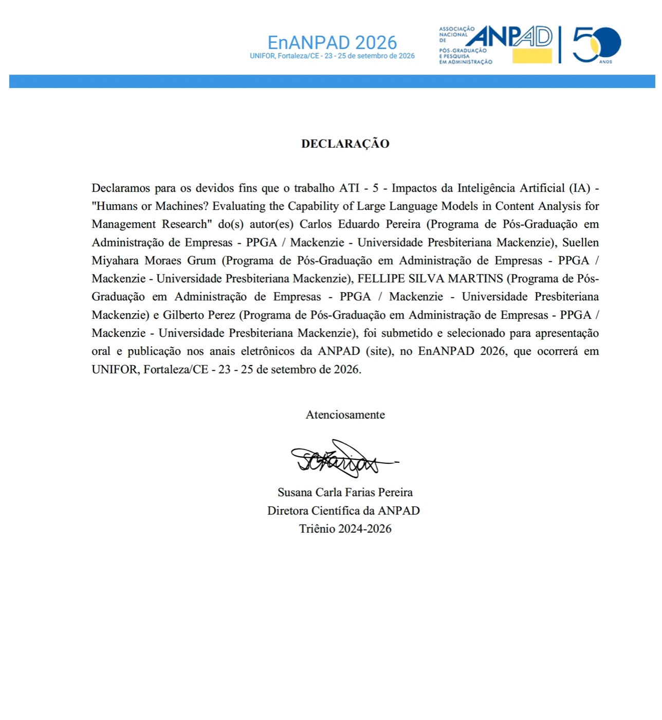 Declaração da ANPAD do artigo apresentado no EnANPAD 2026