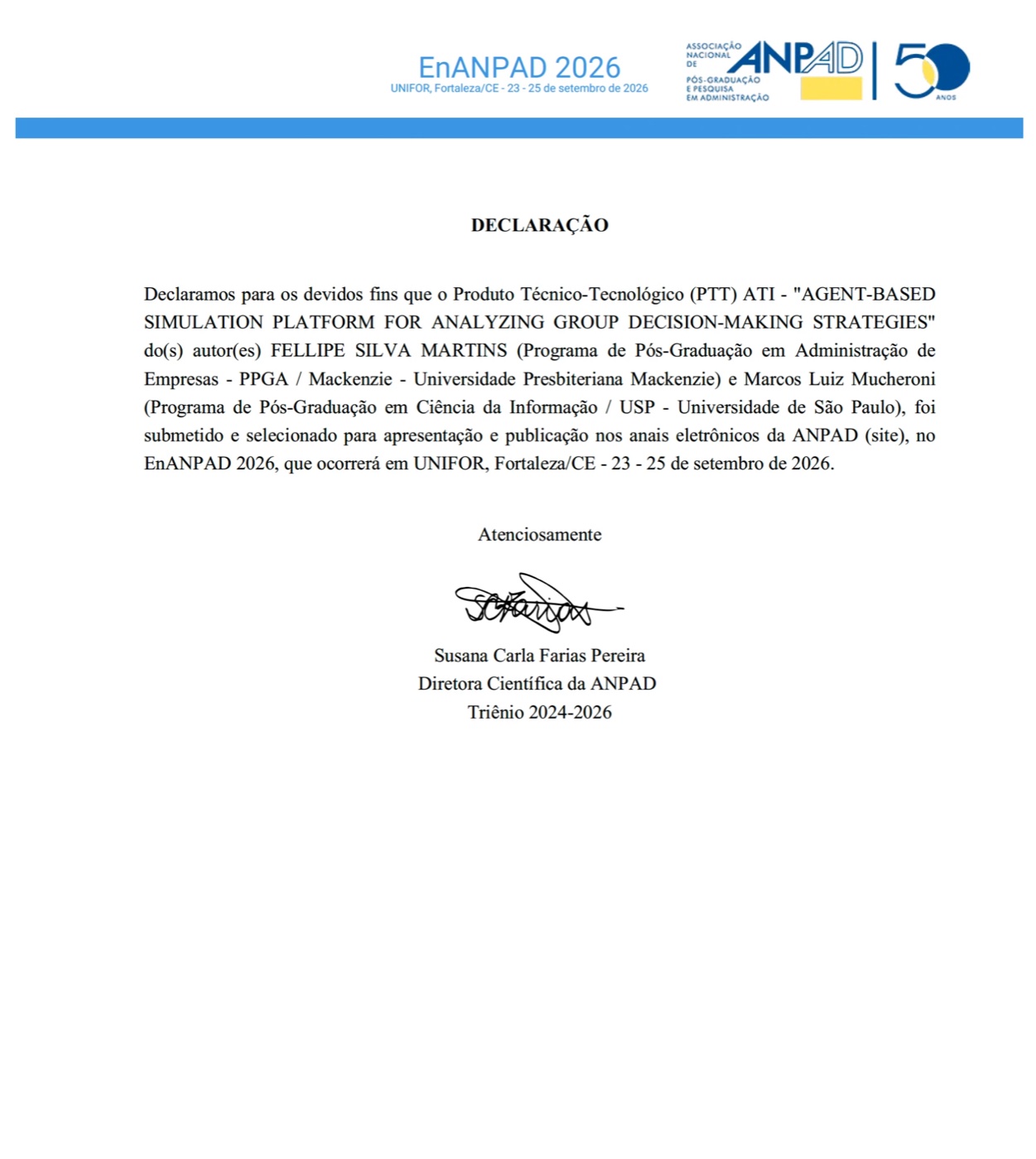 Declaração da ANPAD de seleção do PTT Agent-Based Simulation Platform no EnANPAD 2026
